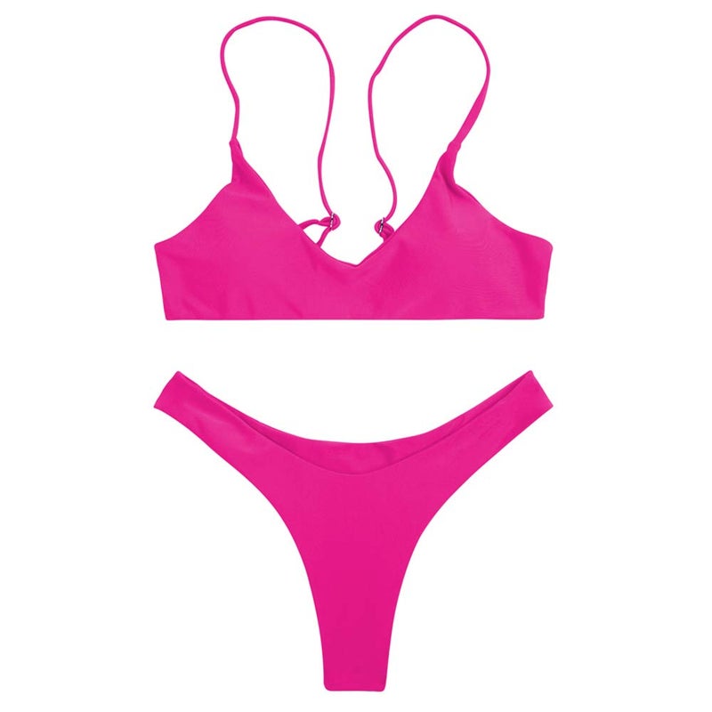 SherryDC Women's Solid Scoop Neck Push up Padded Brazilian Thong Bikini Swimsuit Rosered,M - Image 2